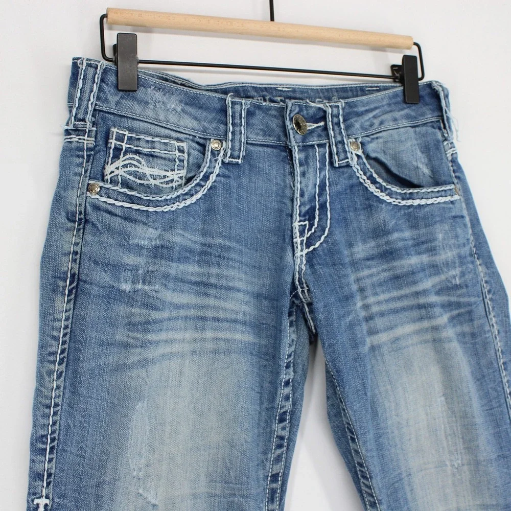 Cowgirl Tuff Co Shattered Jeans Womens 24x31 Blue Thick Stitch Bootcut Stretch